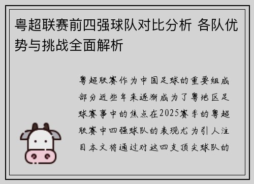 粤超联赛前四强球队对比分析 各队优势与挑战全面解析