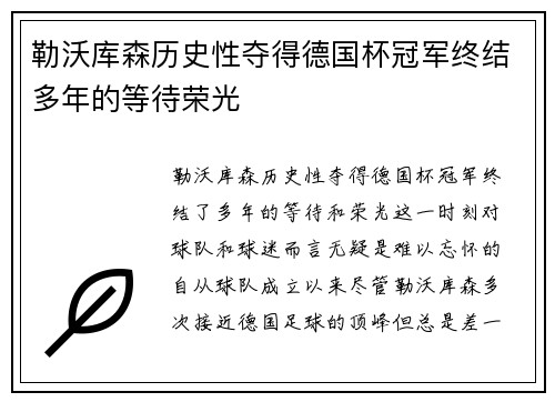 勒沃库森历史性夺得德国杯冠军终结多年的等待荣光